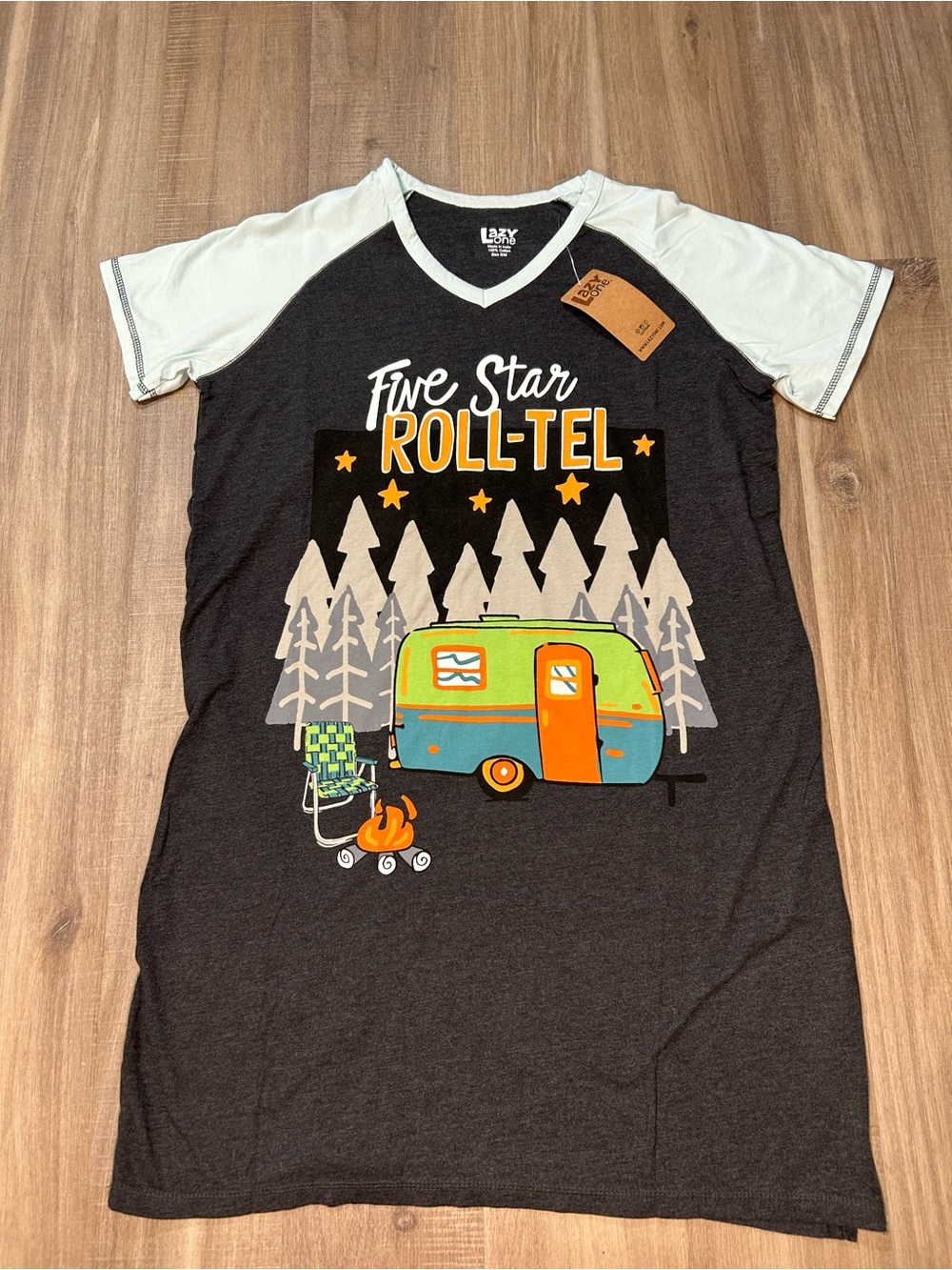 Lazy One Dark Gray Tee with Light Blue Sleeves and Colorful Camper Graphic